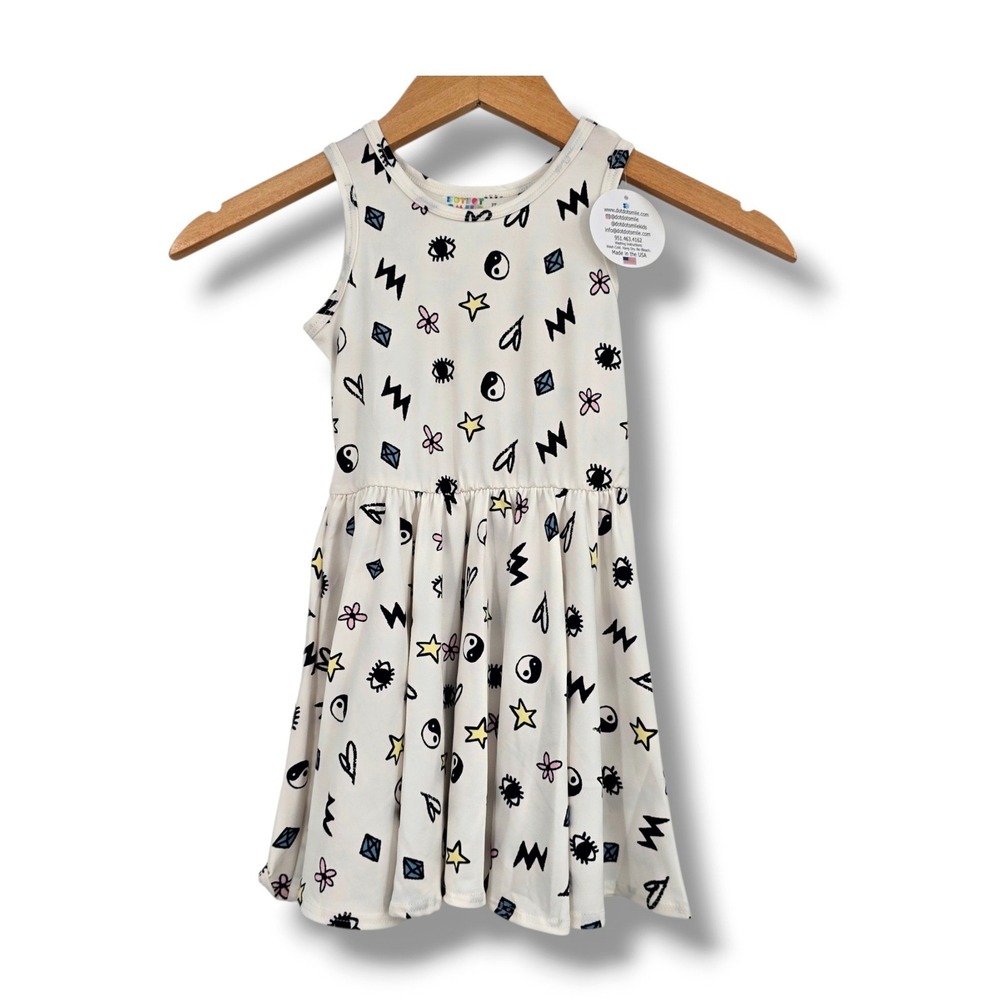 Dot Dot Smile Girls 2T Doodle Print Sleeveless Fit Flare Dress Yin Yang Stars